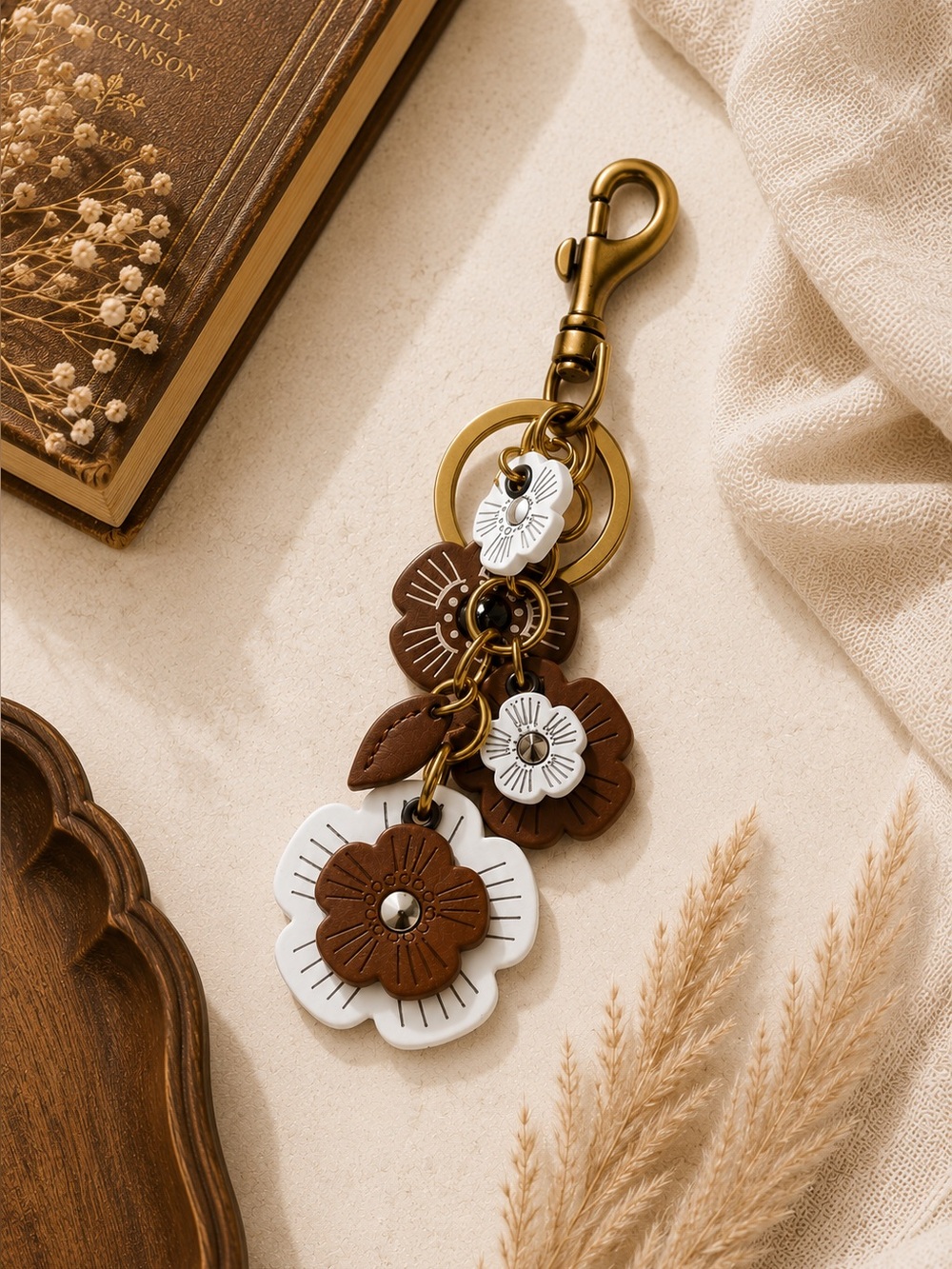 Tea Rose Style Brown & White Floral Cluster Bag Charm